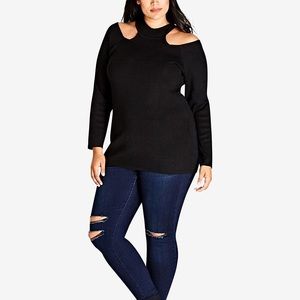 Exposed shoulder black sweater